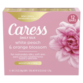 Caress Bar Soap for Women, Daily Silk White Peach & Orange Blossom for All Skin 3.75 oz 12 Ct