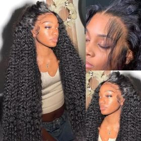 Deep Wave Frontal Wig 13x4 13x6 Hd Transparent Lace Frontal Wig Glueless 5X5 4X4 Wig 28 30 Inch Curly Lace Front Human Hair Wigs (Stretched Length, Density: 38inches, 180 density, Color: 4x4 Lace Wig)